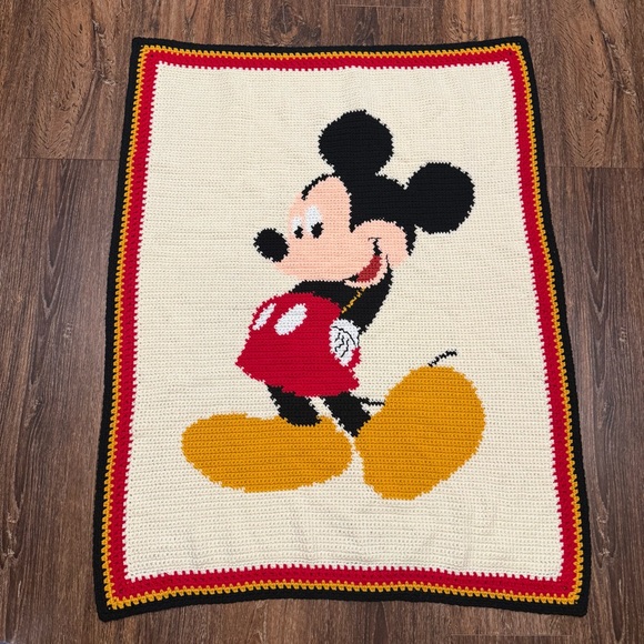 Cute Mickey Mouse Disney Throw Blanket 90s Handmade Crocheted 47”x38”